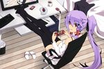  auer bed computer game_console headphones jpeg_artifacts meimu phone ponytail purple_hair red_eyes thighhighs touhou 