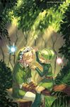  1girl belt blonde_hair boots fairy flower gloves green_footwear green_hair hat juby link md5_mismatch nature navi pointy_ears saria smile the_legend_of_zelda the_legend_of_zelda:_ocarina_of_time watermark web_address 
