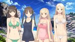  beach bikini black_hair blonde_hair breasts cleavage date_wingfield_reiko erect_nipples fault hayama_rika long_hair saeki_ai school_swimsuit sugiyama_mio swimsuit taka_tony twintails 