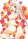  ass bikini blonde_hair bow commentary_request gatakenjin hair_bow long_hair looking_back original red_bikini red_eyes side_ponytail silver_hair solo strap_gap swimsuit 