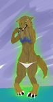  black_pawpads brown_fur canine female fur glowing glowing_eyes green_eyes mammal panties panties_down partially_clothed post_transformation purple_background pussy solo standing transformation underwear were werewolf white_claws wolfpuber_(artist) 