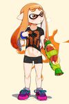  bike_shorts blush burakku-ra domino_mask flat_chest full_body groin heavy_breathing inkling long_hair lowleg lowleg_shorts mask midriff navel orange_eyes orange_hair pointy_ears shirt shoes short_hair_with_long_locks shorts sidelocks slime sneakers solo splatoon_(series) splatoon_1 splattershot_(splatoon) standing super_soaker t-shirt tentacle_hair wet wet_clothes wet_shirt wet_t-shirt 