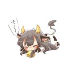  akagi_(kantai_collection) animal_costume animal_ears bad_id bad_twitter_id bell blush brown_hair chibi closed_eyes cow_bell cow_costume cow_ears cow_horns cow_tail earrings horns jewelry kantai_collection long_hair lowres rebecca_(keinelove) solo tail 