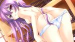  arikawa_satoru ass blush game_cg kamigakari_cross_heart! nipples panties purple_eyes purple_hair shiosaki_hijiri topless underwear undressing 