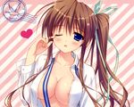  akane_iro_ni_somaru_saka blue_eyes blush breasts brown_hair cleavage nagase_minato no_bra open_shirt ryohka 