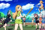  akaza_akari baseball_bat blonde_hair blue_eyes clouds funami_yui furutani_himawari group hat ikeda_chitose ikeda_chizuru jpeg_artifacts muku-coffee nosebleed oomuro_sakurako sky sport sugiura_ayano tennis toshinou_kyouko yoshikawa_chinatsu yuru_yuri 