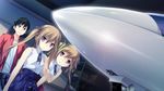  aircraft blue_eyes brown_hair game_cg kazato_asa kazato_yoru kono_oozora_ni_tsubasa_wo_hirogete long_hair purple_eyes twins twintails wet yashima_takahiro 