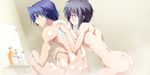  ass bath blue_hair game_cg hayasaka_tsukasa izumi_mahiru nipples nude purple_hair sayado_saya soranica_ele wet 