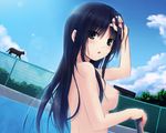  animal black_eyes black_hair blush breasts cat clouds coffee-kizoku cure_girl kunimura_kotone long_hair nipples sky topless wet 