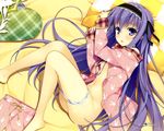  blush dengeki_moeoh effordom_soft fujimori_yuu headdress koikishi_purely_kiss long_hair no_bra open_shirt panties panty_pull purple_eyes purple_hair underwear yuuki_hagure 