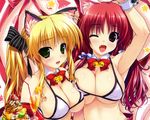  2girls animal_ears bell bikini bikini_top blonde_hair blush bow breasts catgirl cleavage clochette drink fang food green_eyes long_hair prism_recollection red_eyes red_hair renjou_sayaka ribbons shintaro swimsuit tail thighhighs twintails uisaki_hinano wink 