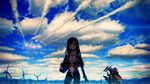  black_hair blue_eyes bodysuit bra breasts cleavage clouds long_hair mecha original panties skintight sky tomok1 underwear 