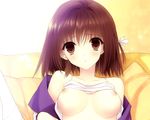  blush breasts brown_eyes brown_hair heart-work nipples no_bra open_shirt original short_hair suzuhira_hiro 