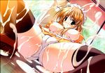  blonde_hair breasts cameltoe cum green_eyes maid misakura_nankotsu nipples open_shirt panties scan thighhighs underwear waitress 