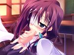  blush censored cum eyepatch fellatio game_cg green_eyes hanasaki_uri harukazedori_ni_tomarigi_wo_2nd_story purple_hair short_hair 