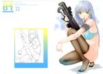  blue_hair bra fuyuno_haruaki green_eyes gun long_hair nopan original sketch thighhighs underwear weapon 