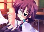  blush censored eyepatch fellatio game_cg green_eyes hanasaki_uri harukazedori_ni_tomarigi_wo_2nd_story purple_hair short_hair 