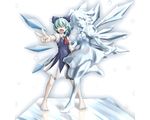  ao_usagi barefoot blue_hair bow cirno dress fang green_hair ribbons short_hair touhou wings 