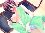  blush breasts game_cg hanasaki_uri harukazedori_ni_tomarigi_wo_2nd_story nipples no_bra panties purple_hair short_hair towel underwear 