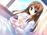  bed breasts brown_hair game_cg green_eyes harukazedori_ni_tomarigi_wo_2nd_story kawakoshi_saeko long_hair shirt_lift 