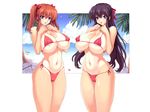  bikini black_hair blue_eyes breasts cameltoe erect_nipples long_hair mogudan orange_hair short_hair swimsuit tan_lines twintails underboob 