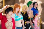  2girls 3boys bikini_top cigarette cosplay flaming-goddess floral_print flower formal grin hat long_hair monkey_d_luffy multiple_boys multiple_girls nami nami_(one_piece) nico_robin nipples one_piece open_clothes open_shirt orange_hair pantyschatz photo pink_skirt red_shirt roronoa_zoro sabaody_archipelago sanji sarong shirt short_hair skirt smile straw_hat suit underboob weapon yellow_shirt 