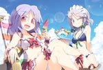  :d ;) alternate_costume bad_anatomy beach_chair bikini blue_eyes bow breasts cleavage cloud cloudy_sky crossed_legs day fangs food frilled_bikini frills holding ice_cream izayoi_sakuya lens_flare light_particles looking_at_viewer multiple_girls navel no_hat no_headwear one_eye_closed open_mouth parfait purple_hair red_eyes remilia_scarlet revision satou_kibi short_hair silver_hair sitting sky small_breasts smile swimsuit touhou tray wrist_cuffs 