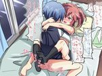  ababarion absurdres akuma_no_riddle azuma_tokaku bangs barefoot bed black_legwear blue_hair blush bottomless brown_eyes brown_hair clothed_sex cum cum_in_pussy futa_with_female futanari highres hug ichinose_haru implied_futanari indoors leg_lock long_sleeves looking_at_another lying messy_hair missionary multiple_girls no_shoes nose_blush on_back on_bed pillow pink_hair purple_eyes red_hair scar school_uniform sex short_hair socks soles tears tissue_box topless translated window 