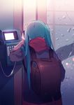  absurdres aqua_hair backpack bag corded_phone hatsune_miku highres long_hair payphone phone phone_booth rain randoseru ryuutsuki_basetsu solo twintails vocaloid 