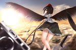  above_clouds bad_id bad_pixiv_id bare_legs bird_wings black_hair blouse blue_sky blurry camera cloud depth_of_field feathers flying from_behind hat lens_flare looking_at_viewer looking_back red_eyes rok_(guitar0706) shameimaru_aya short_hair skirt sky solo strap sun tokin_hat touhou wings 
