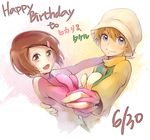  1girl :d beige_hat blonde_hair blue_eyes blush bob_cut brown_eyes brown_hair bucket_hat commentary_request dated digimon digimon_adventure digimon_adventure_02 disconnected_mouth from_side gloves hair_ornament hairclip hand_on_another's_back happy_birthday hat holding_hands interlocked_fingers long_sleeves looking_to_the_side open_mouth shiro_azarashi short_hair smile takaishi_takeru tareme turtleneck upper_body very_short_hair yagami_hikari 