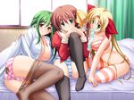  bed blonde_hair blue_eyes bra breasts brown_hair cleavage condom green_eyes green_hair kamishiro_haruna koi_q! niizato_misaki open_shirt panties pantyhose red_eyes seifuku stockings striped_panties thighhighs underwear usami_asuka yuyi 