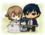  2girls blue_hair brown_eyes chibi child dress family father_and_daughter female_my_unit_(fire_emblem:_kakusei) fire_emblem fire_emblem:_kakusei hair_ornament husband_and_wife krom lucina mother_and_daughter multiple_girls my_unit_(fire_emblem:_kakusei) short_hair smile younger 