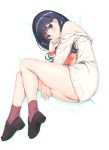  1girl bare_shoulders bed_sheet black_eyes black_hair breasts brown_footwear cardigan commentary_request full_body fumio_(ura_fmo) highres legs looking_at_viewer lying medium_breasts orange_scrunchie scrunchie shoes short_hair simple_background socks solo ssss.gridman takarada_rikka thighs white_background white_cardigan wrist_scrunchie 