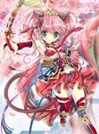  animal_ears bad_id bad_pixiv_id bare_shoulders bell blush breasts cat_ears foreshortening green_eyes hair_ornament hand_on_hip highres jingle_bell long_hair miniskirt original pink_hair polearm shisaki_tayu skirt small_breasts smile solo twintails weapon 