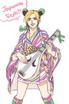 biwa_lute blonde_hair boots double_bun green_hair green_lipstick instrument japanese_clothes jojo_no_kimyou_na_bouken kimono kuujou_jolyne lipstick lute_(instrument) makeup multicolored_hair nora_(act2) short_kimono solo stone_ocean two-tone_hair 