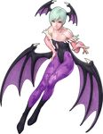  1girl alternate_color alternate_hair_color bare_shoulders bat_print boots bridal_gauntlets capcom demon_girl demon_wings elbow_gloves feathers female flat_chest gloves green_eyes hand_on_hip head_wings heels high_heels highres leotard lilith_aensland official_art patterned_legwear photoshop print_legwear print_pantyhose short_hair smile solo stanley_lau succubus vampire_(game) wings 