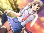  brown_hair clouds erect_nipples game_cg green_eyes itou_hinako kantoku natsu_no_ame seifuku sky thighhighs tie wet 