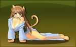  animal_ears blue_eyes breasts brown_hair dlsite.com japanese_clothes jpeg_artifacts tail tan_lines you_haruka 