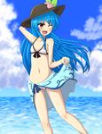  ;d arm_behind_head bikini black_hat blue_hair blue_sky blush breasts cloud collarbone day food front-tie_top fruit hat hinanawi_tenshi long_hair navel one_eye_closed open_mouth peach red_eyes sarong seaside skirt skirt_lift sky small_breasts smile solo sun_hat swimsuit teoi_(good_chaos) touhou very_long_hair 