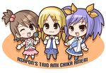  bad_id bad_pixiv_id blonde_hair blue_hair brown_eyes brown_hair chibi crossover cute_&amp;_girly_(idolmaster) futami_ami idolmaster idolmaster_(classic) kaijou_kuumi kawai_ameri koizumi_chika kyou_no_go_no_ni microphone multiple_girls navel necktie one_eye_closed plaid plaid_neckwear plaid_skirt red_eyes school_uniform seiyuu_connection shimoda_asami side_ponytail skirt tayutama twintails 