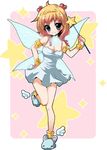  animal_slippers anklet apron armlet blue_eyes blush breasts brown_hair bunny_slippers chikkuru cleavage curly_hair dress fairy_wings gaia_online glowing hair_ornament jewelry large_breasts long_hair naked_apron necklace slippers smile solo star tiara wand wings 