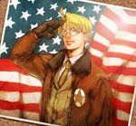  ahoge america america_(hetalia) american_flag axis_powers_hetalia blonde_hair blue_eyes bomber_jacket flag glasses gloves jacket male_focus military military_uniform necktie patriotism photo_(object) salute smile solo star uniform yurizuka_(sergeant_heart) 