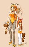  analoguma animal_ears antennae blonde_hair bow bowtie breasts bunny_ears chidejika child cleavage finger_to_mouth fishnet_pantyhose fishnets green_eyes high_heels large_breasts leotard long_hair mary_janes mascot multiple_girls nab no_pants one-piece_swimsuit orange_hair orange_leotard pantyhose pantyhose_under_swimsuit pixel_art pointy_ears school_swimsuit school_uniform serafuku shoes stuffed_animal stuffed_toy swimsuit swimsuit_under_clothes teddy_bear twintails uwabaki white_legwear wrist_cuffs yuuki_(silent_moon) 