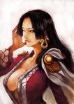  black_hair boa_hancock breasts center_opening cleavage earrings jewelry lack large_breasts long_hair one_eye_closed one_piece smile snake solo white_background 