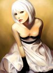  bare_shoulders breasts brown_eyes cleavage dress gloves itori_(clarice_note) lips lipstick makeup medium_breasts original short_hair solo white_dress white_hair 