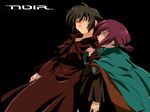  arm_grab brown_hair chloe_(noir) cloak fingerless_gloves gloves highres multiple_girls noir non-web_source ponytail purple_hair wallpaper yuumura_kirika 