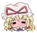  =_= blonde_hair blush chibi covering_mouth face hair_ribbon hat kishimasa lowres ribbon solo touhou yakumo_yukari 