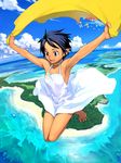  armpits barefoot black_hair brown_eyes choker cloud day feet flying happy island nishino_juutarou ocean original outdoors pointy_ears red_eyes short_hair skirt sky solo spread_toes tan toes white_skirt 