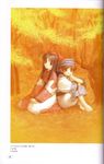  2girls absurdres ainu_clothes artbook artist_request autumn autumn_leaves bangs barefoot black_eyes border brown_eyes brown_hair character_name closed_mouth feet flat_chest forest hand_on_own_cheek head_rest headdress highres kita_senri knees_up long_hair long_sleeves looking_at_viewer multiple_girls nakoruru nature official_art outdoors own_hands_together rimururu robe samurai_spirits sash scan seiza short_hair siblings sisters sitting smile v_arms younger 